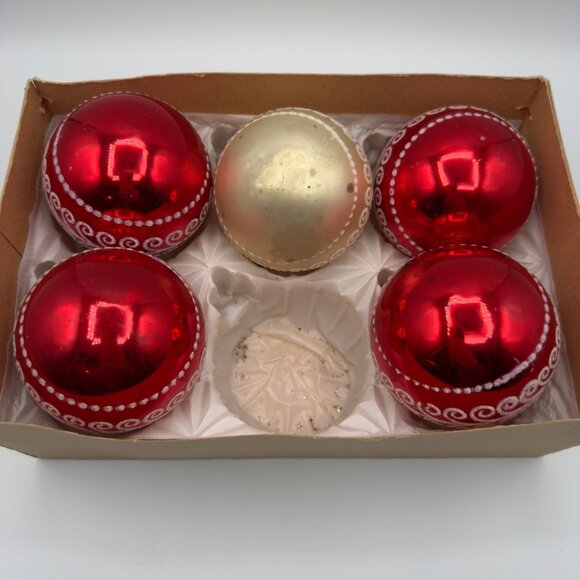 Vintage Lot Jumbo West Germany Mercury Glass Christmas Ornaments Round Red White - Picture 11 of 16